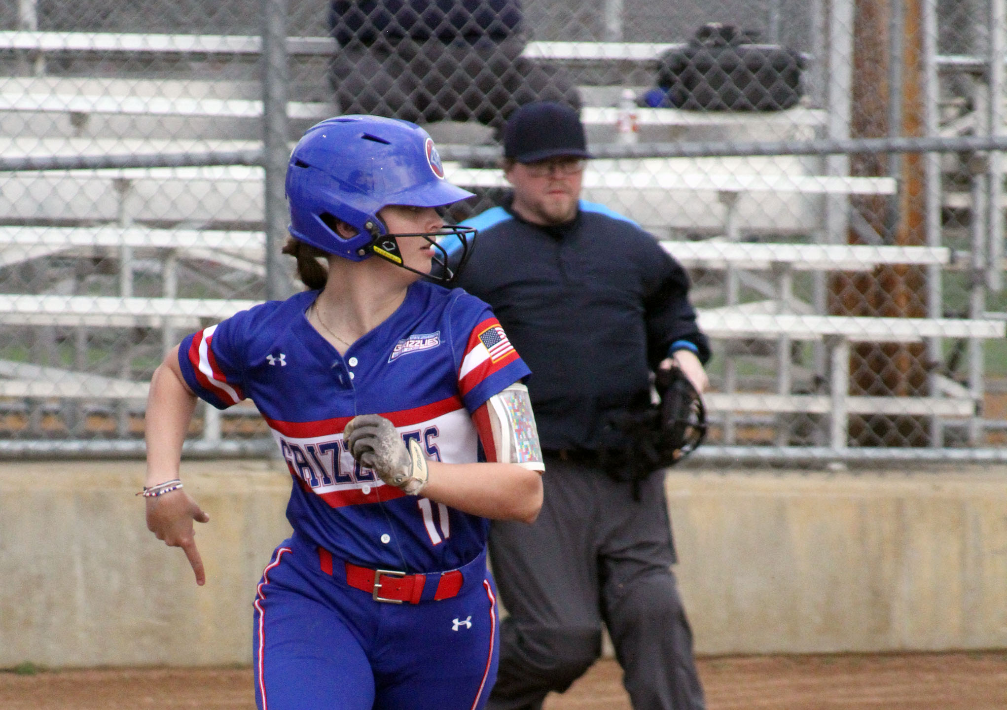 Grizzly catcher Brydon Maddox races toward first base following a hit against St. Charles Community College Tuesday, March 5, at the Hilburn Sports Complex in West Plains. The Grizzlies won both games against the Cougars and are now 11-3 on the season. (MSU-WP Photo)