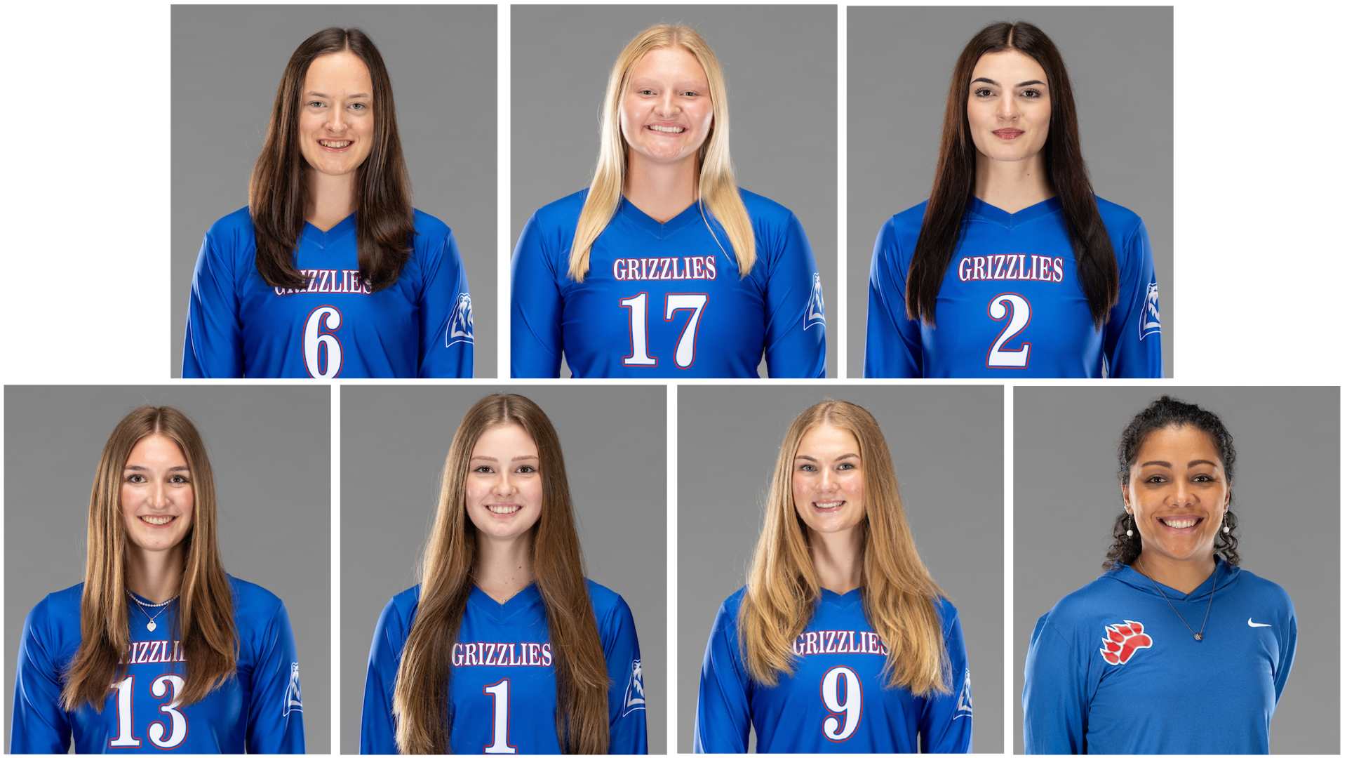 Members of the Grizzly Volleyball team earning postseason honors include, top row from left, Rosa Bren&ccedil;i&ccedil;, Gibson Beckler and Maja Bochenek; bottom row from left, Caroline Glatkowski, Eduarda Portes, Kaitlyn Aleshire and head coach Paty Figueiredo. (MSU-WP Photos)